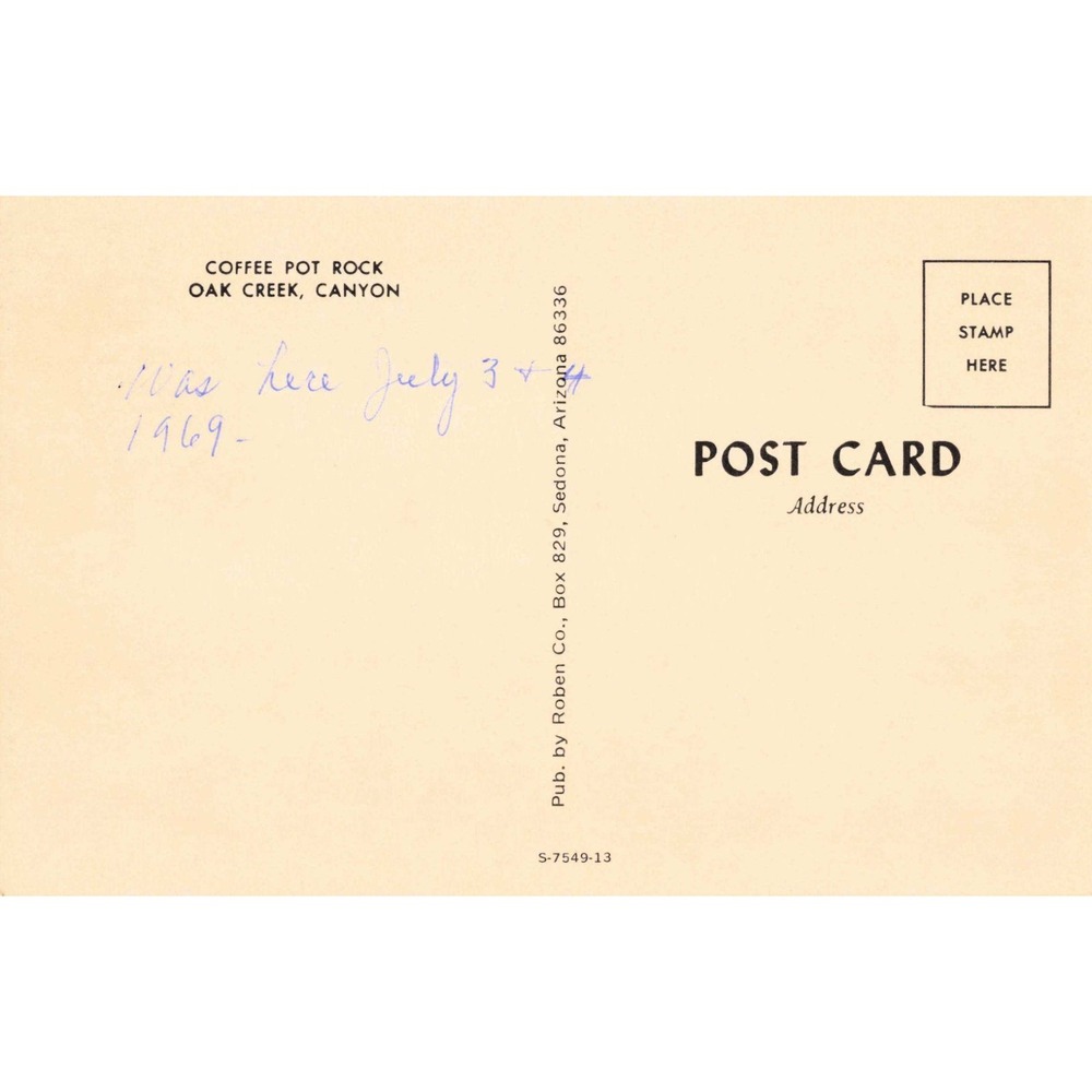 Vintage Coffee Pot Rock Oak Creek Canyon Sedona Arizona Postcard 1969 VG- - Picture 2 of 2